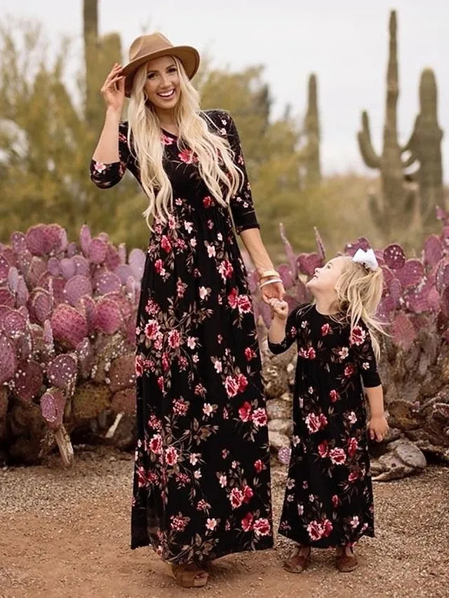 Mommy and Daughter  Maxi long Dress Half Sleeve Floral Print  Party Dress Fall Winter Round Neck Vacation Holiday  Matching Outfits