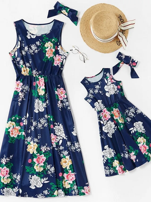 Mommy and Me Dress Cotton Floral Print Blue Sleeveless Midi Mommy And Me Outfits Basic Matching Outfits