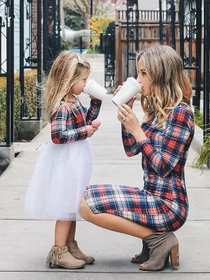 Mommy and Me Dresses Color Block Print Yellow Red Khaki Long Sleeve Above Knee Mommy And Me Outfits Daily Matching Outfits