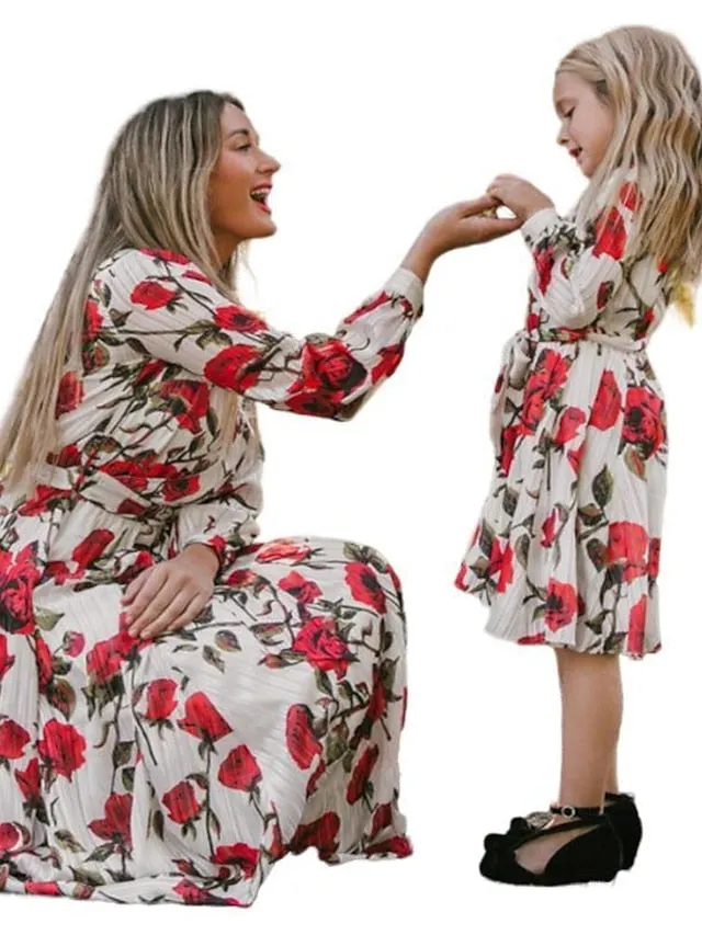 Mommy and Me Dresses Cotton Floral Causal Pink Long Sleeve Midi Mommy And Me Outfits Daily Matching Outfits