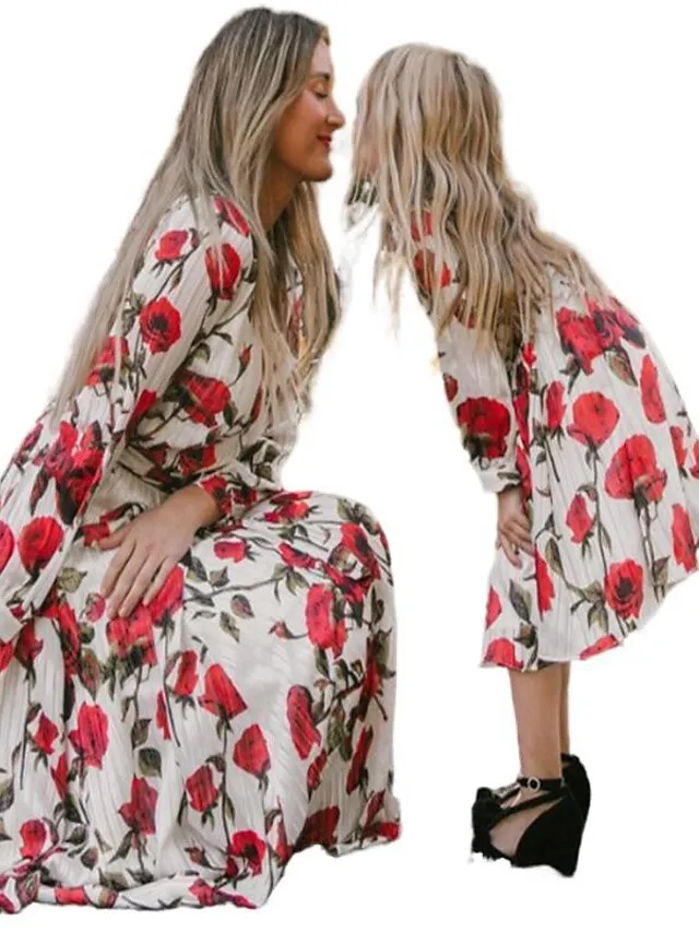 Mommy and Me Dresses Cotton Floral Causal Pink Long Sleeve Midi Mommy And Me Outfits Daily Matching Outfits