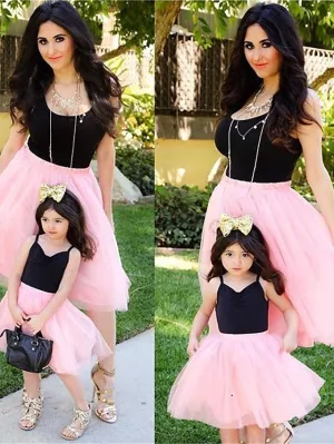 Mommy and Me Dresses Solid Color Wedding Mesh Black Pink Gray Sleeveless Midi Mommy And Me Outfits Matching Outfits