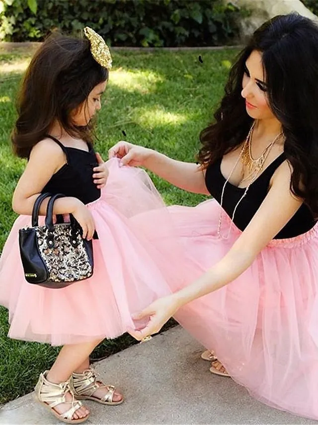 Mommy and Me Dresses Solid Color Wedding Mesh Black Pink Gray Sleeveless Midi Mommy And Me Outfits Matching Outfits