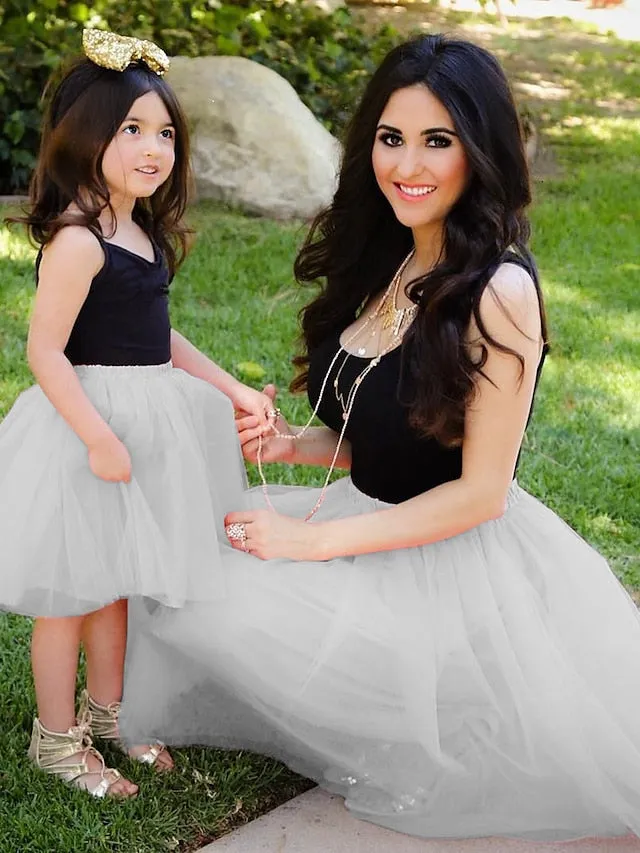 Mommy and Me Dresses Solid Color Wedding Mesh Black Pink Gray Sleeveless Midi Mommy And Me Outfits Matching Outfits