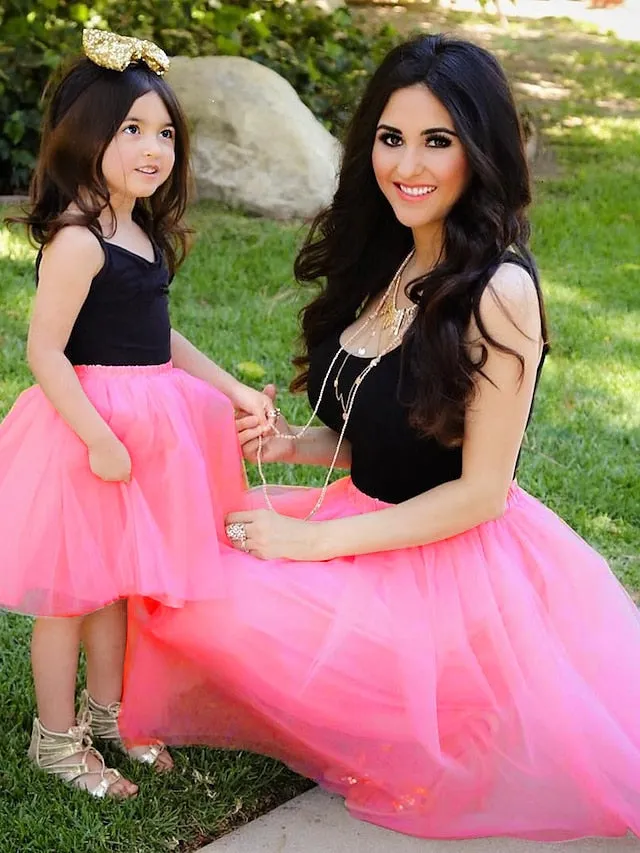 Mommy and Me Dresses Solid Color Wedding Mesh Black Pink Gray Sleeveless Midi Mommy And Me Outfits Matching Outfits