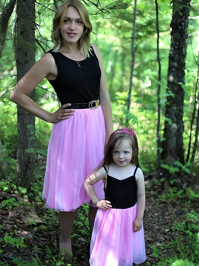 Mommy and Me Dresses Solid Color Wedding Mesh Black Pink Gray Sleeveless Midi Mommy And Me Outfits Matching Outfits