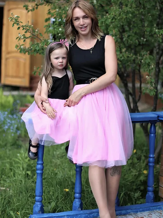 Mommy and Me Dresses Solid Color Wedding Mesh Black Pink Gray Sleeveless Midi Mommy And Me Outfits Matching Outfits