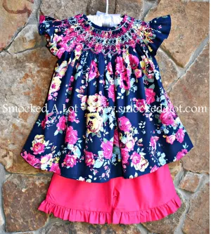 Navy Floral Smocked Shorts Set with flutter sleeves