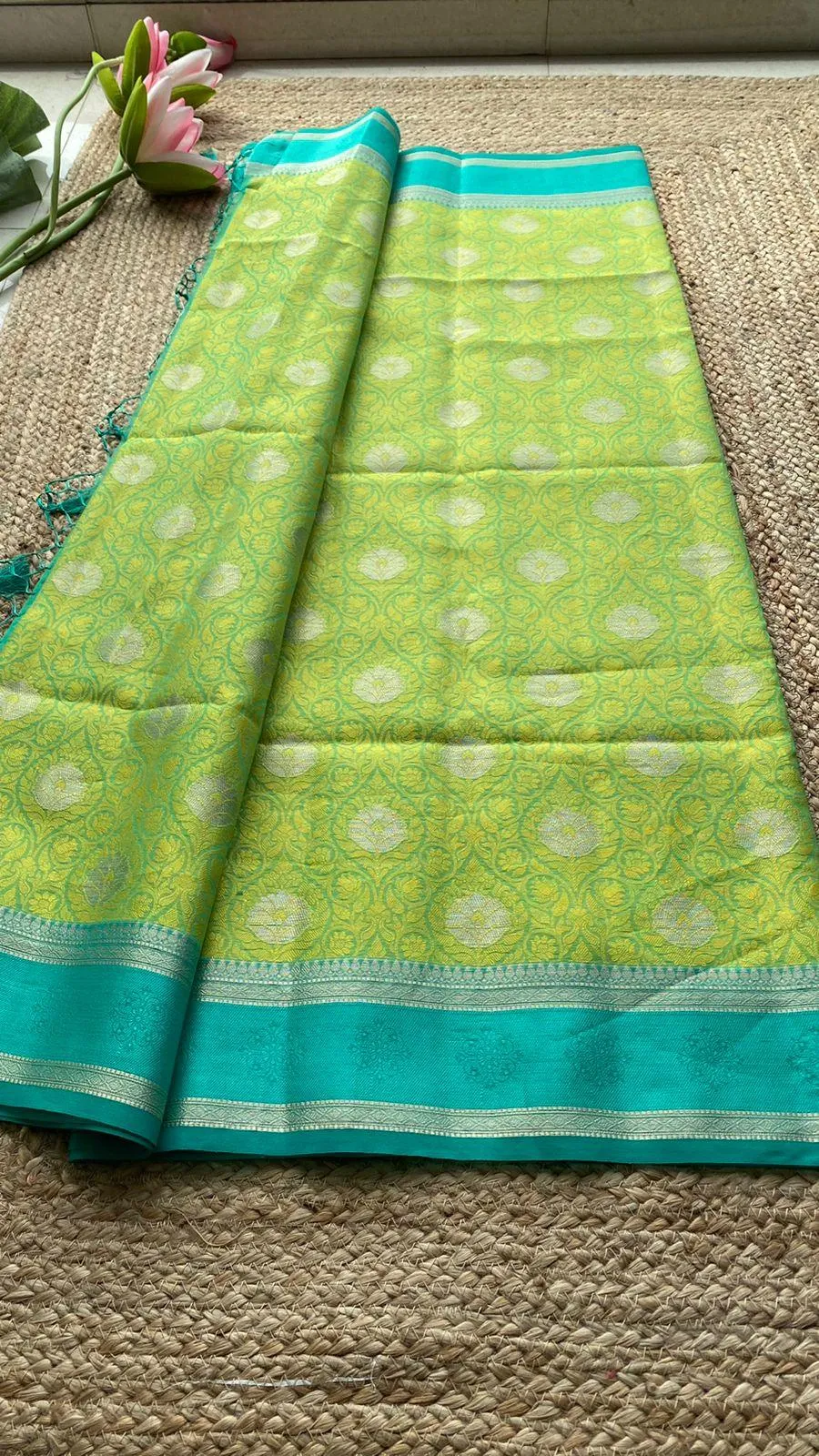 Parrot green dual shaded silk saree with blouse