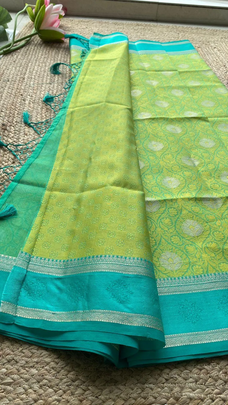 Parrot green dual shaded silk saree with blouse