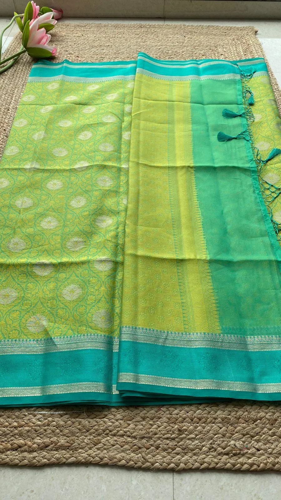 Parrot green dual shaded silk saree with blouse