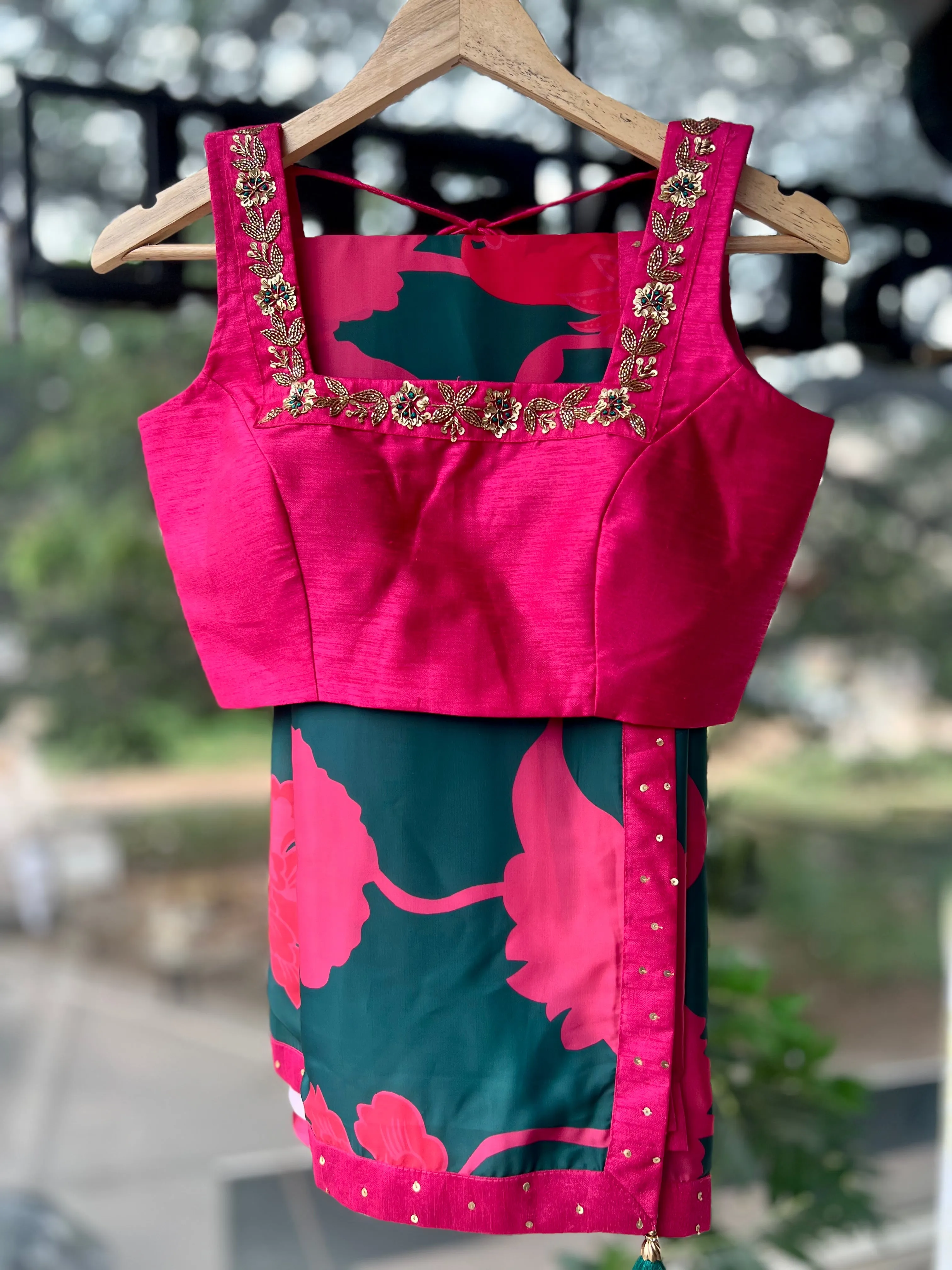 Peacock pink & green saree with pink handwork blouse