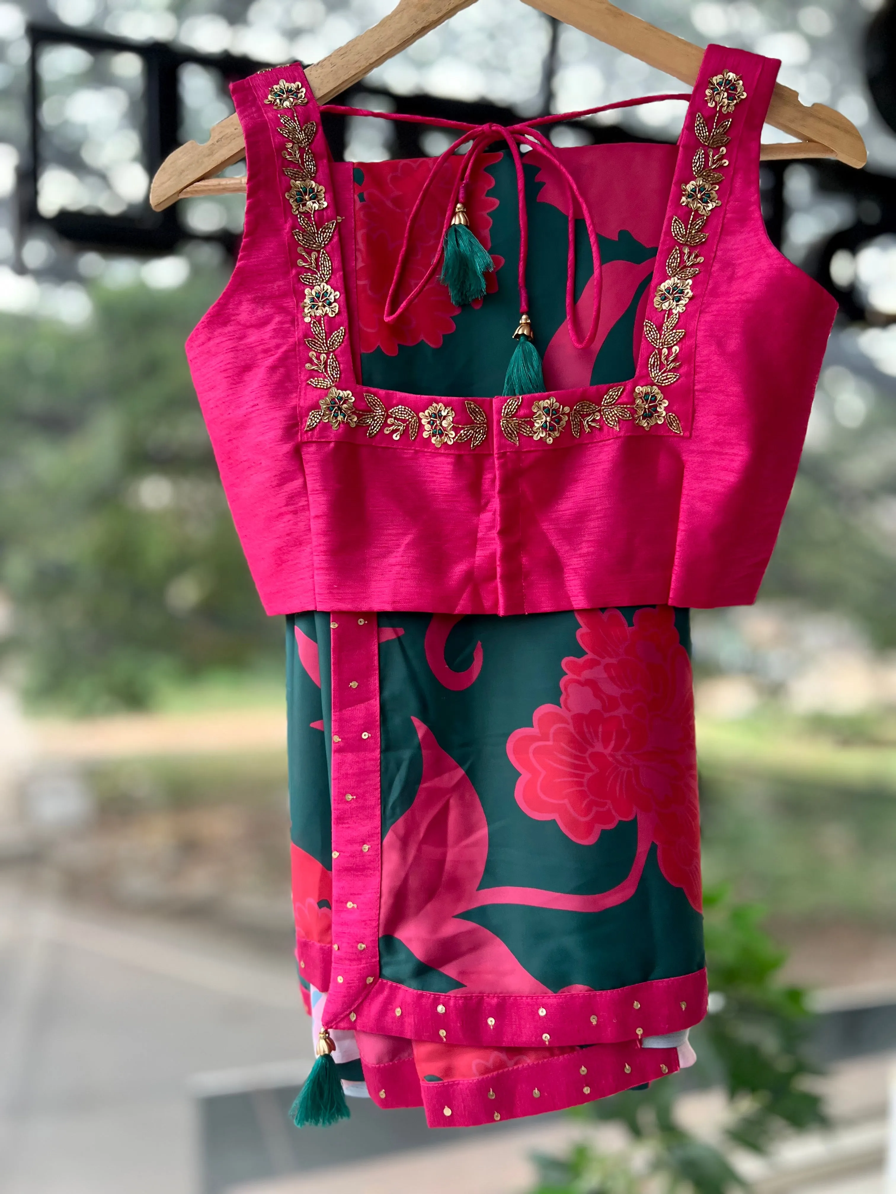 Peacock pink & green saree with pink handwork blouse