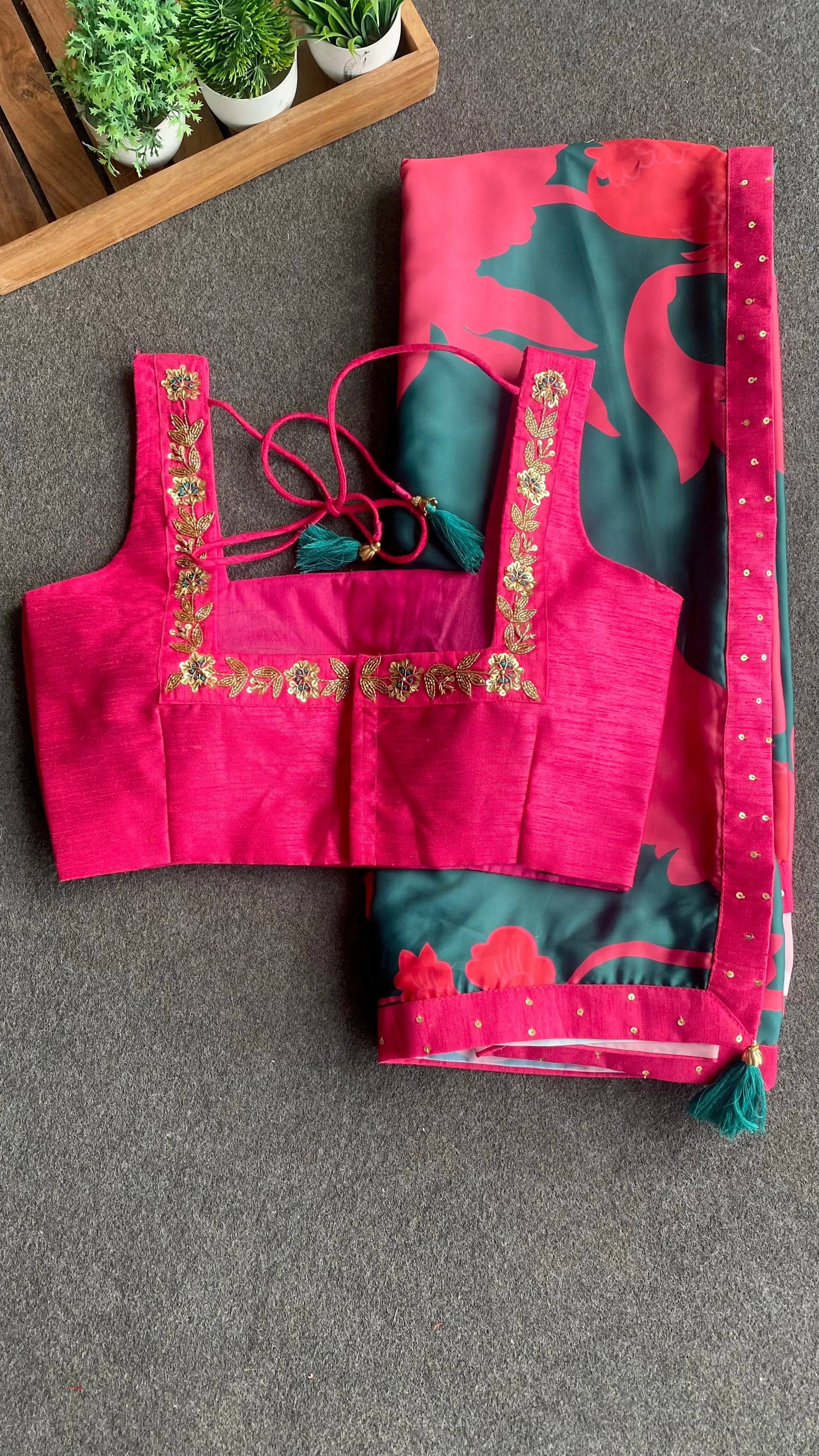 Peacock pink & green saree with pink handwork blouse