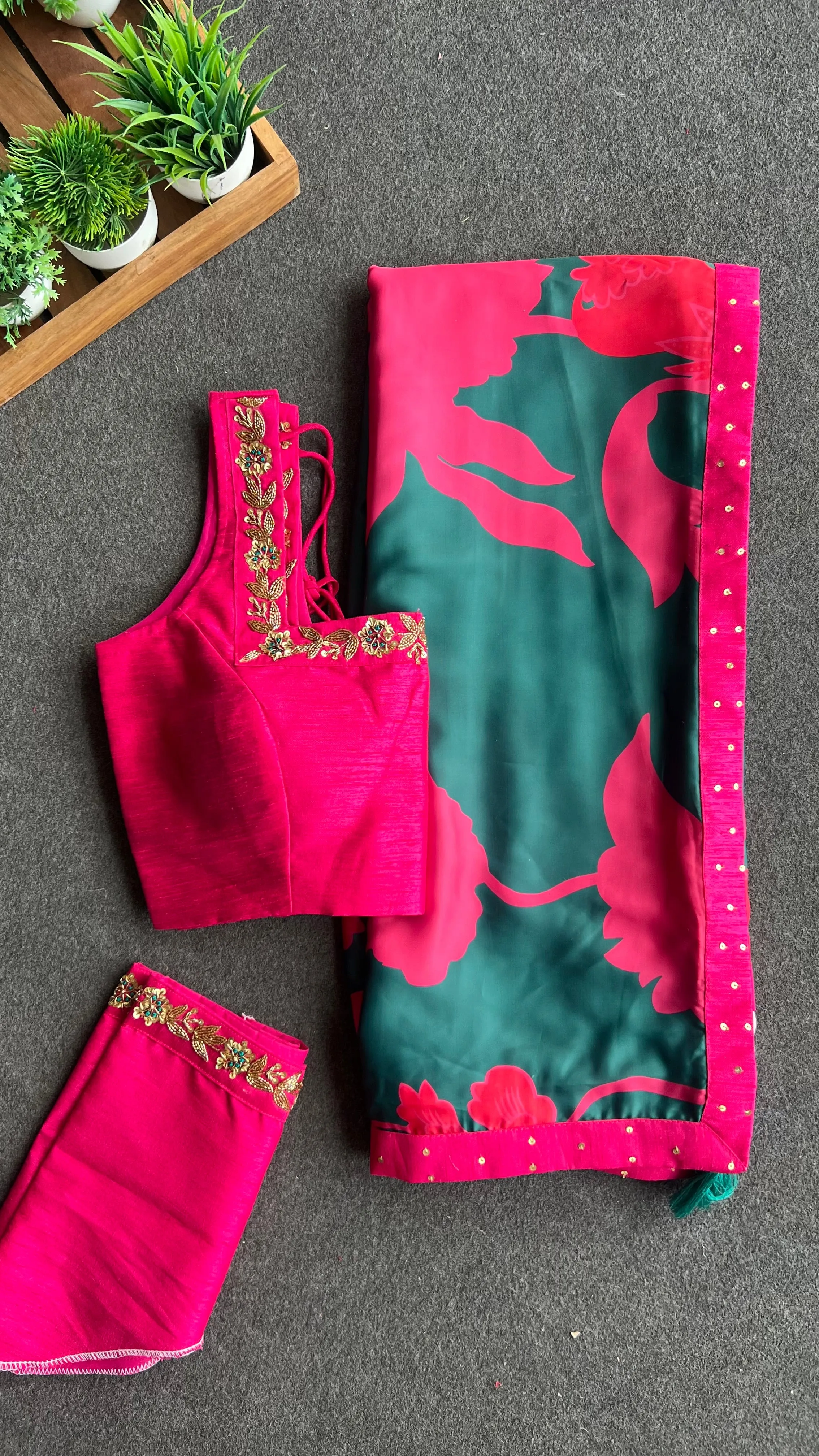 Peacock pink & green saree with pink handwork blouse