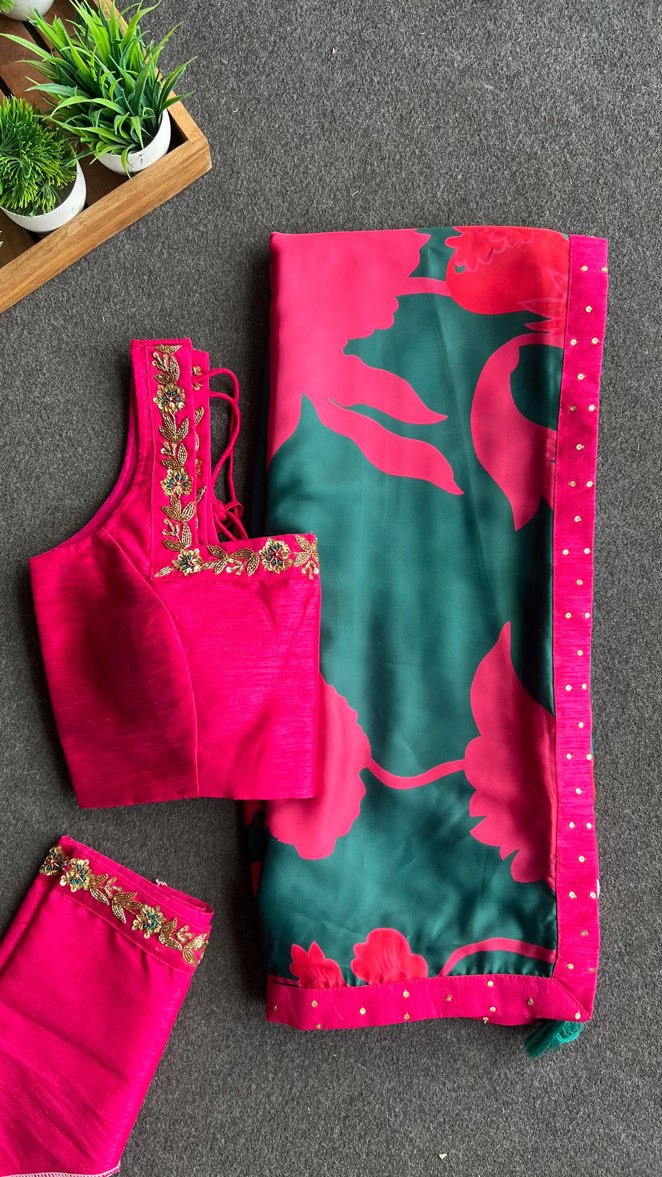 Peacock pink & green saree with pink handwork blouse