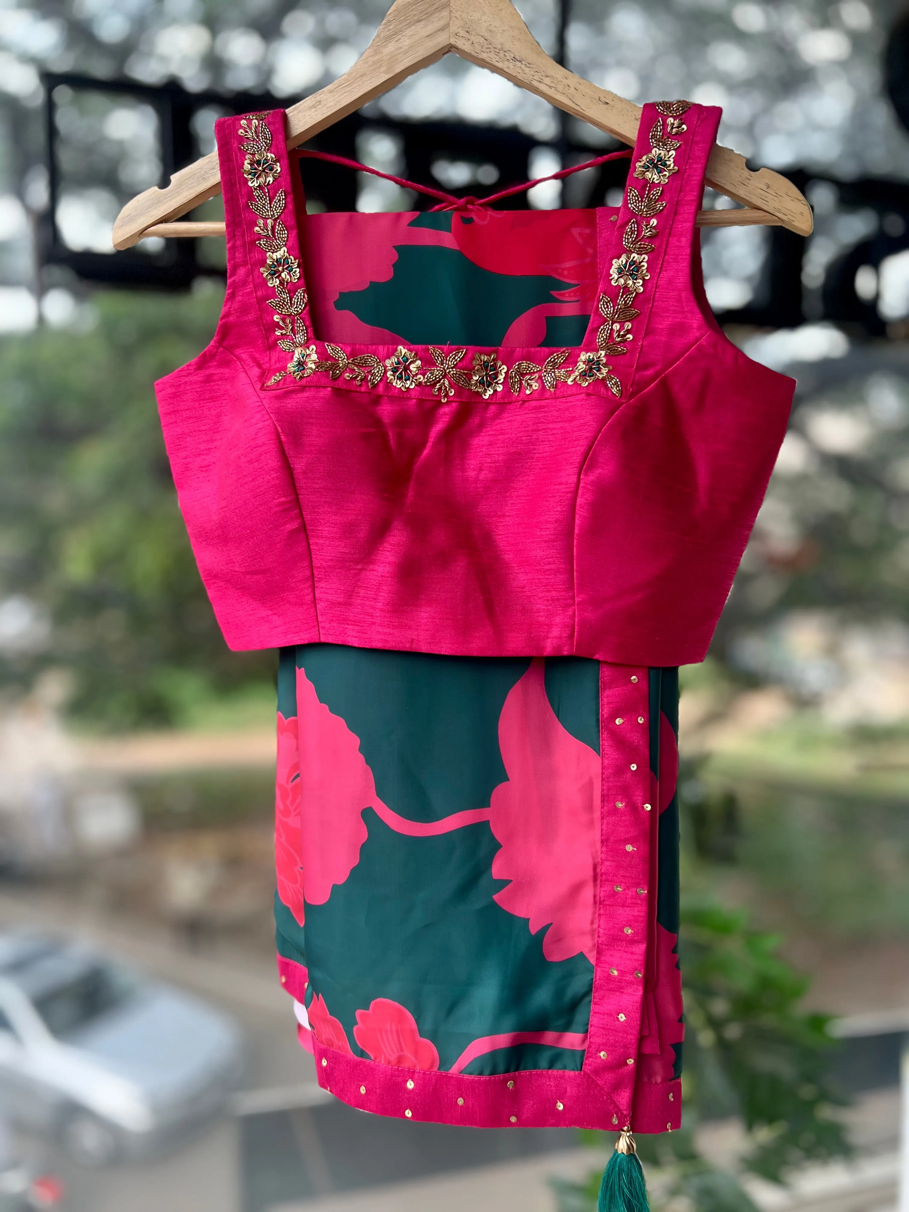 Peacock pink & green saree with pink handwork blouse