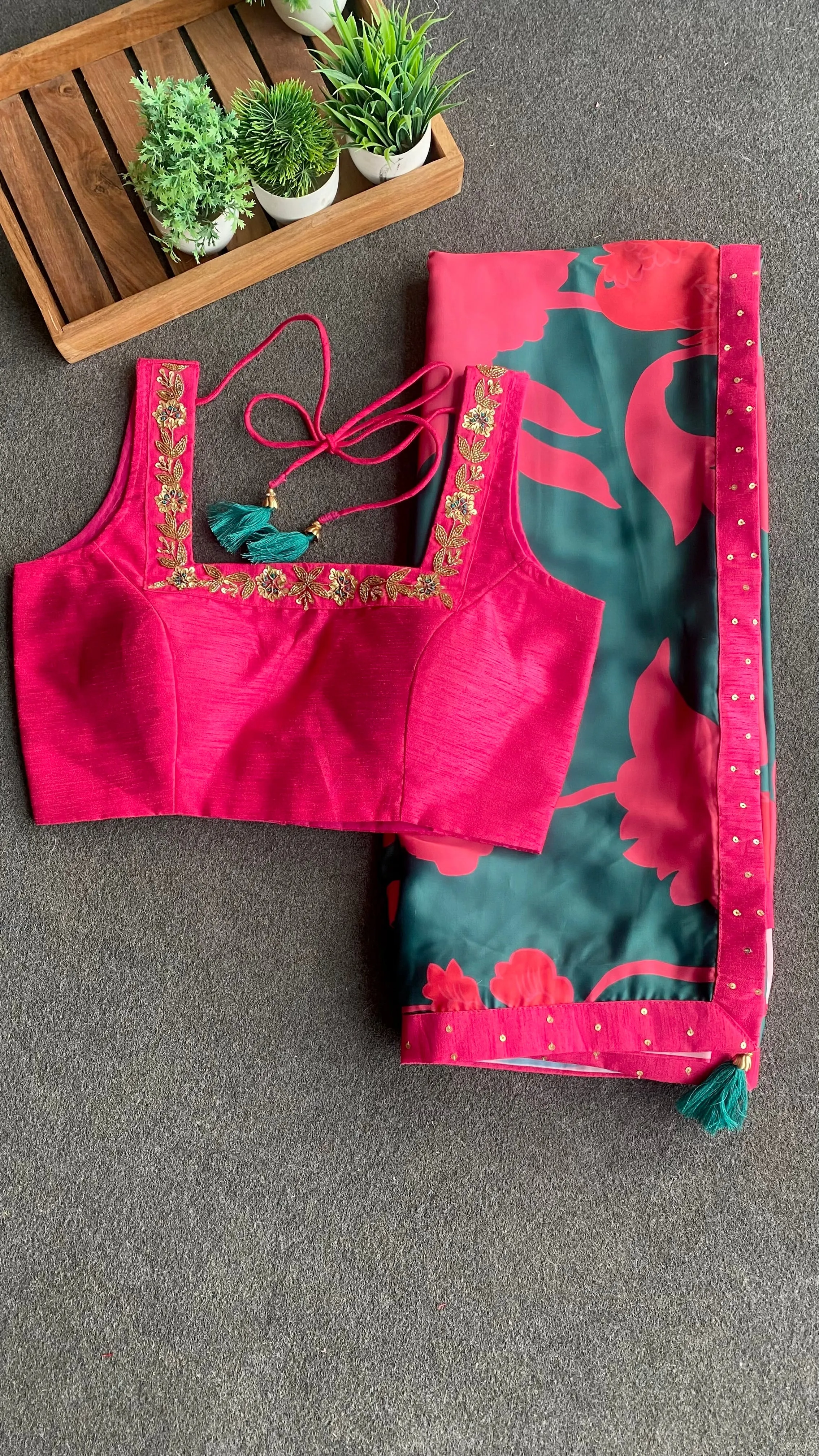 Peacock pink & green saree with pink handwork blouse