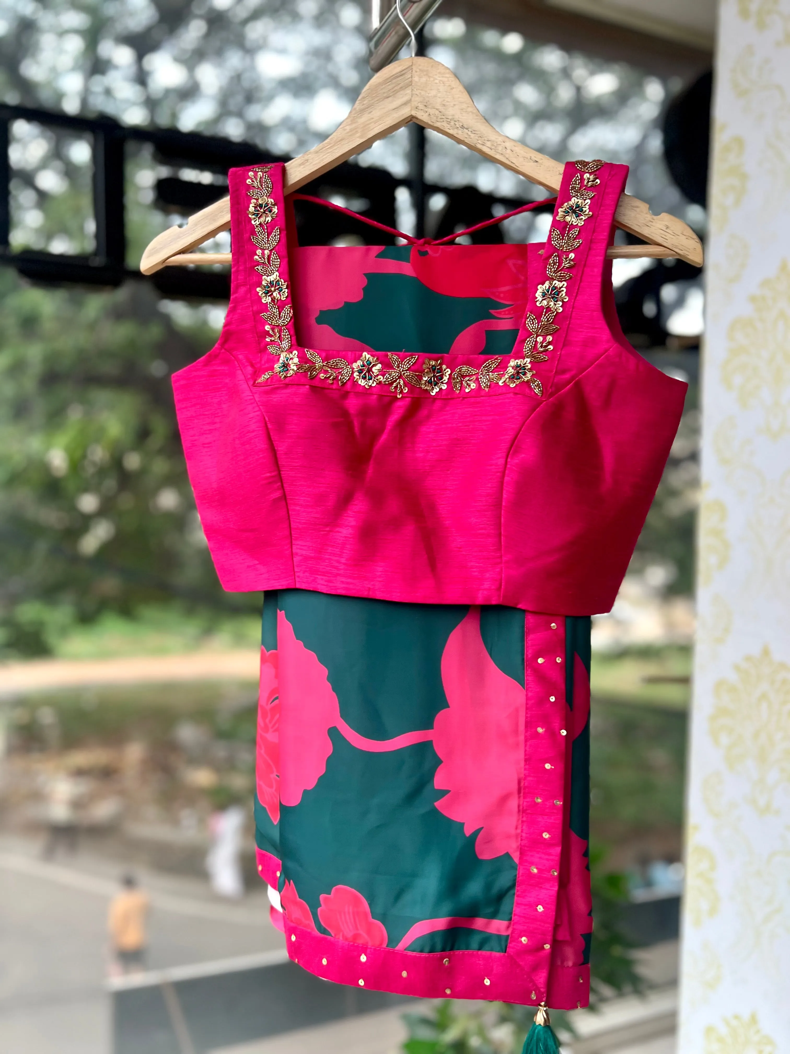 Peacock pink & green saree with pink handwork blouse