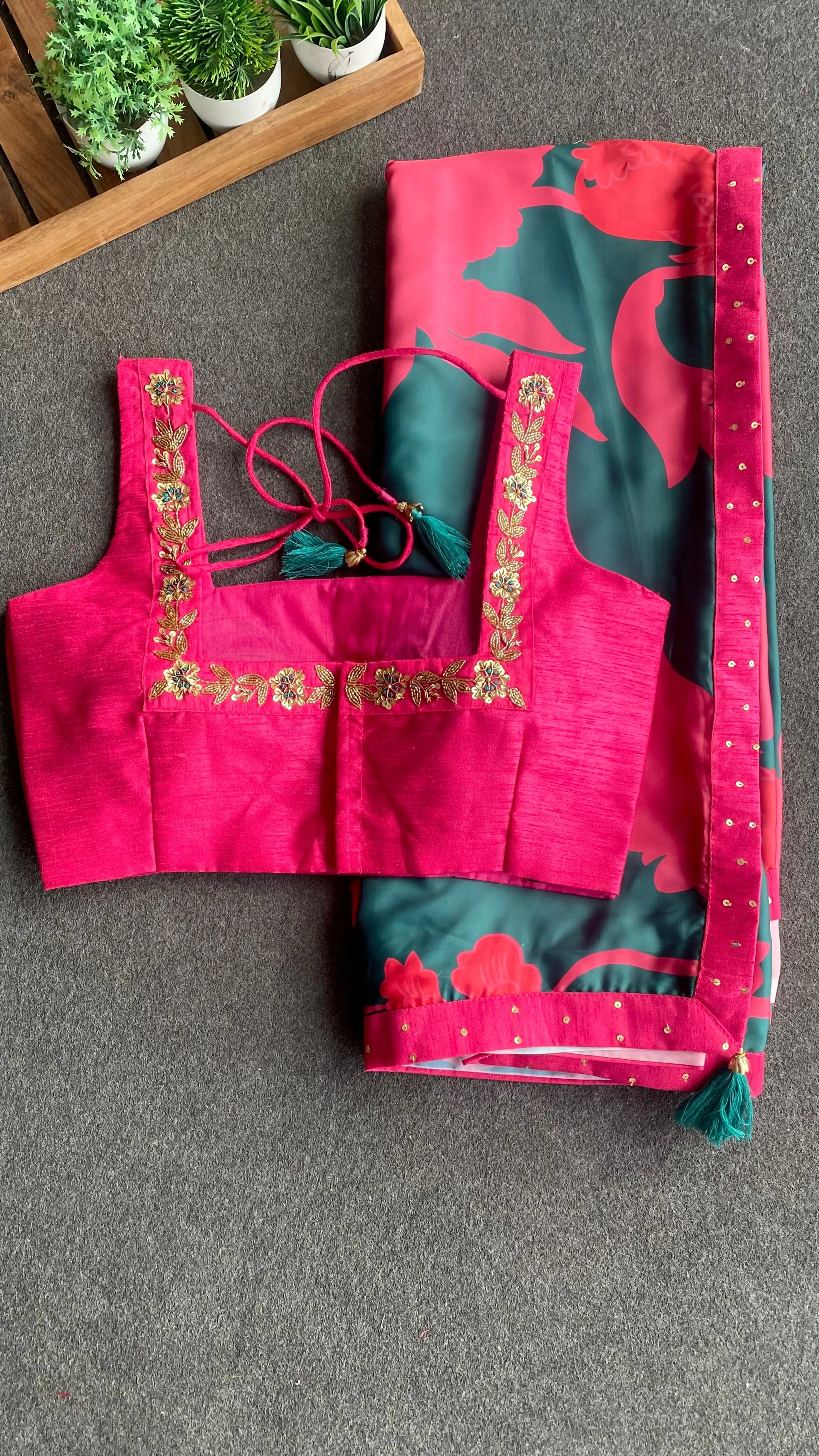 Peacock pink & green saree with pink handwork blouse