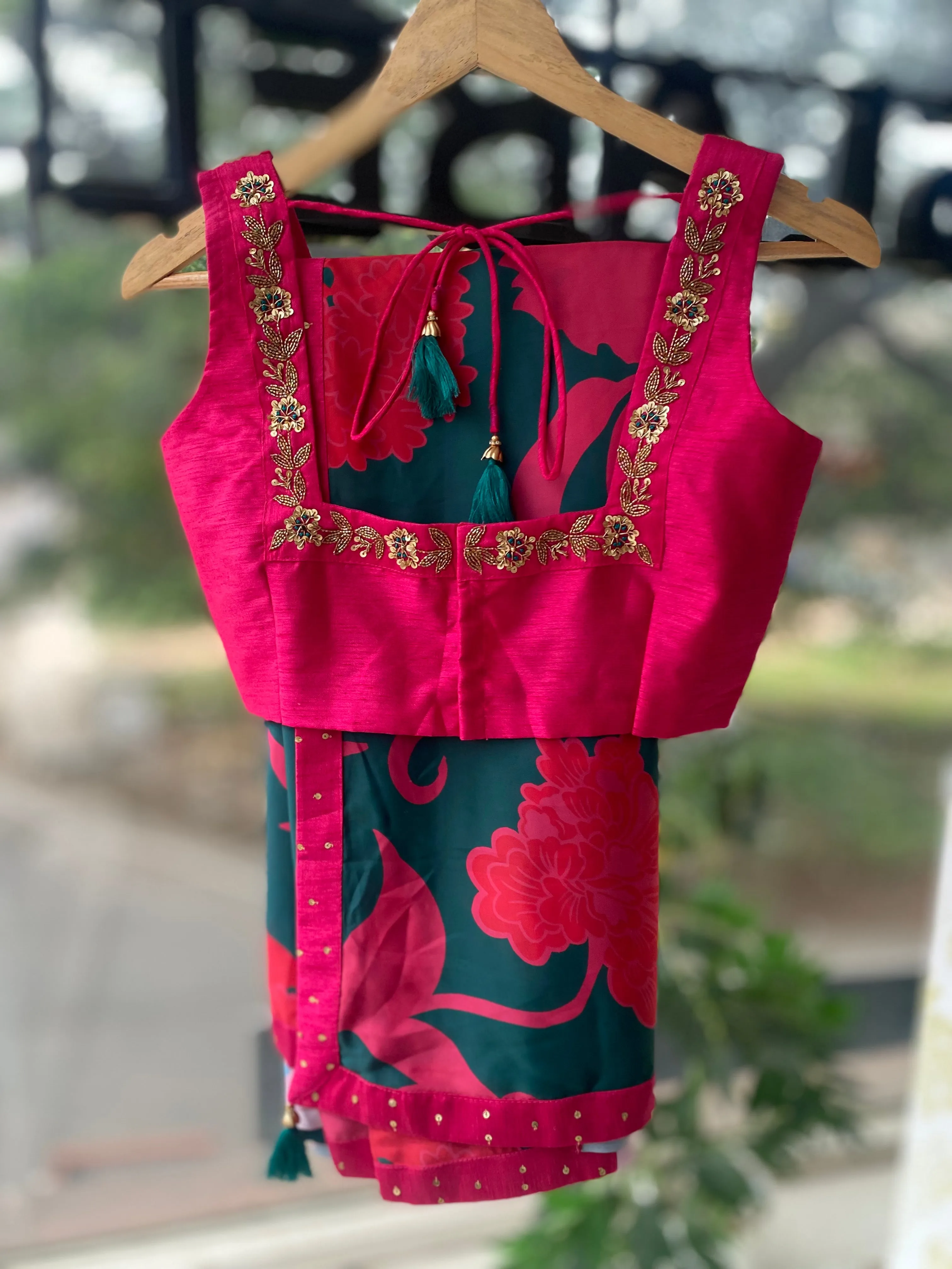 Peacock pink & green saree with pink handwork blouse