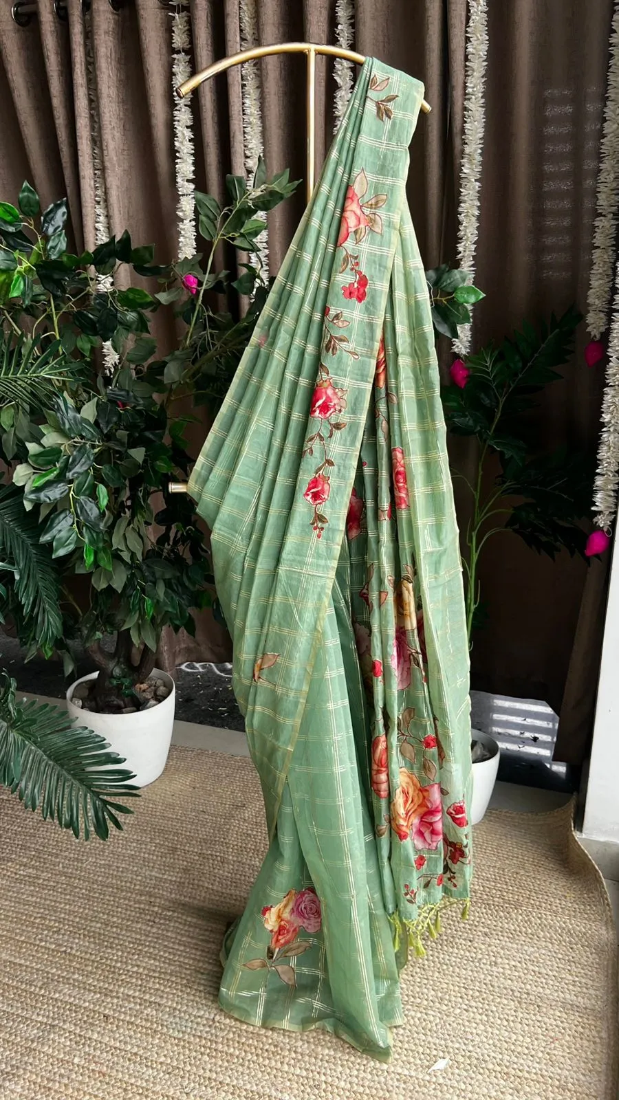 Pista green chanderi floral saree with red blouse