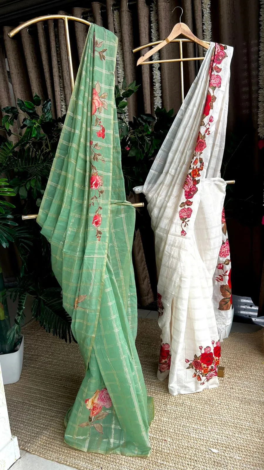 Pista green chanderi floral saree with red blouse