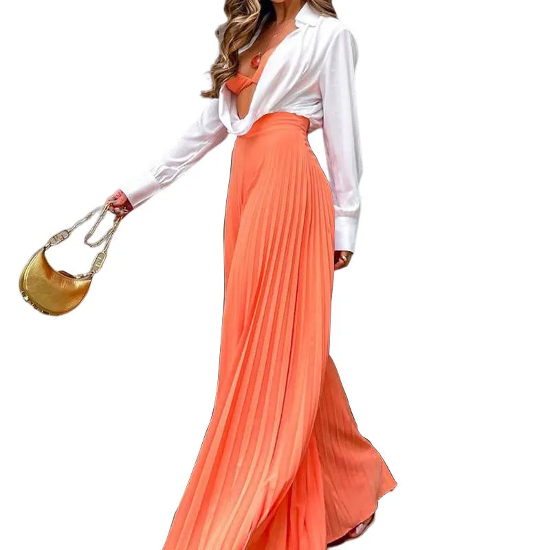 Pleated Long Wide Leg Pants