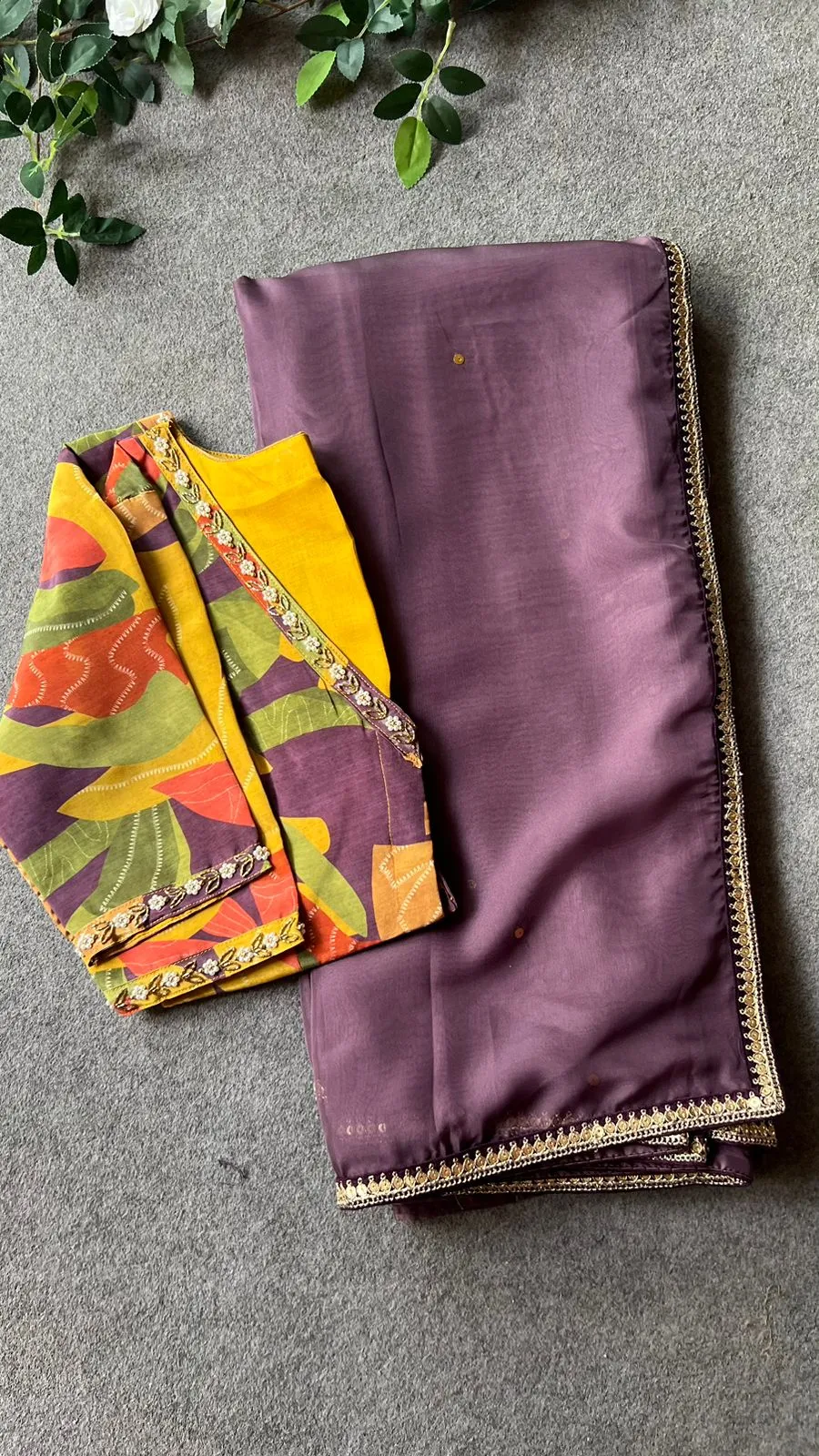 Purple organza saree with silk hand work blouse