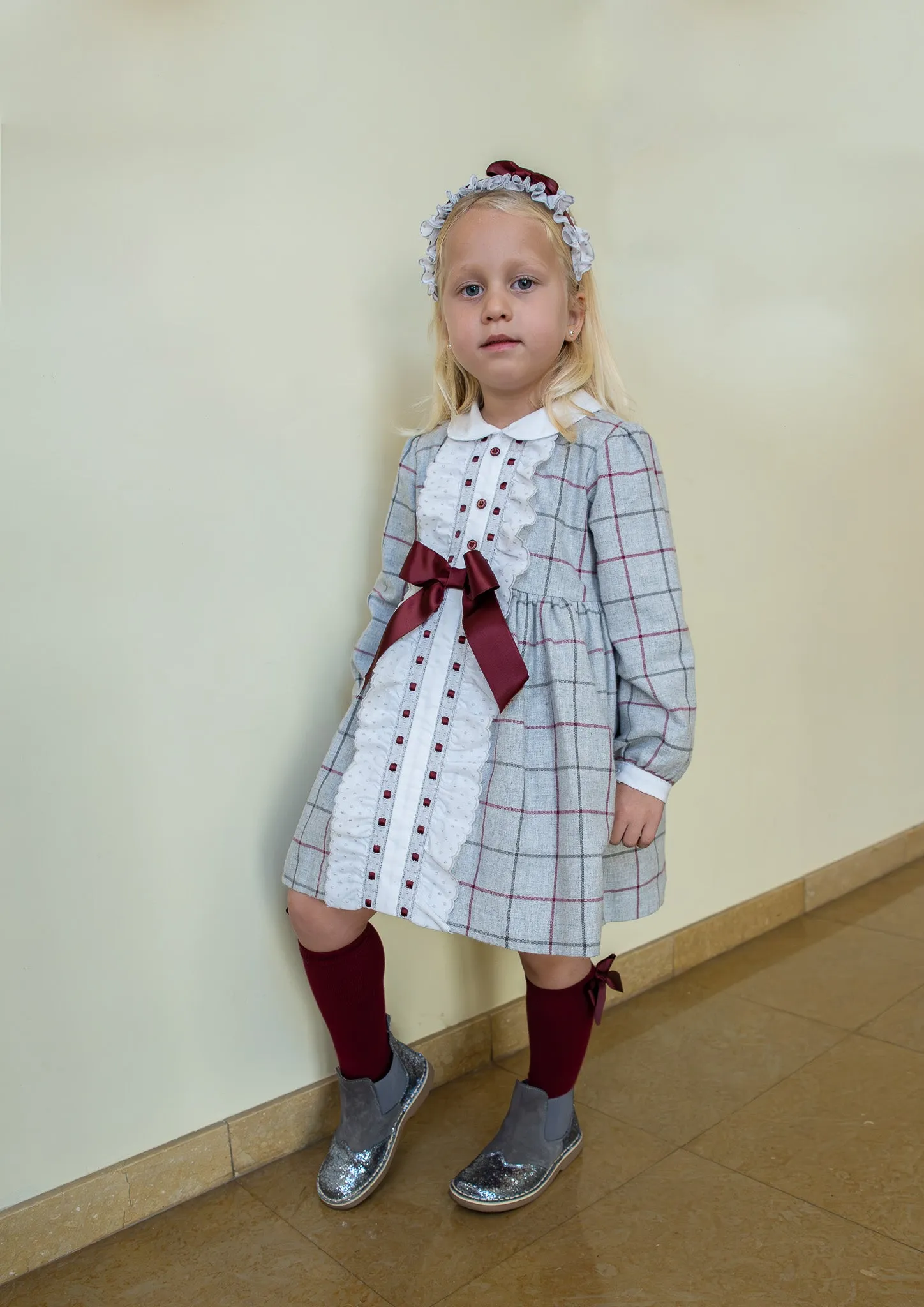 Rochy AW24 - Girls Grey and Burgundy Check Entredos Dress