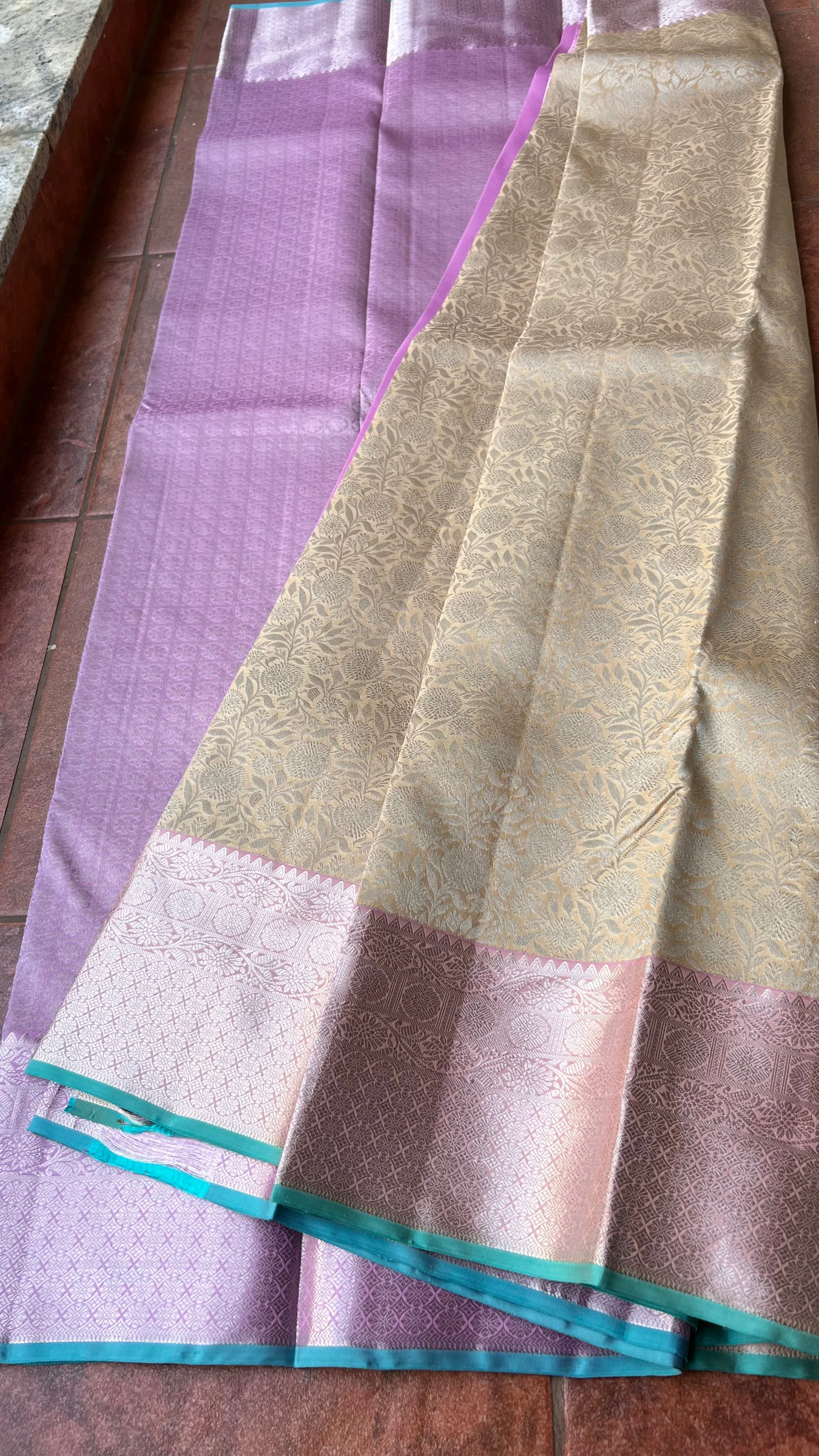 Silver Cream and light Pink kanchipuram silk saree with blouse