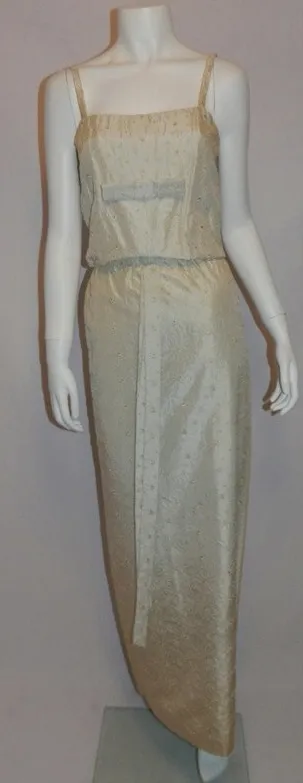 vintage 1960s silk wedding gown 60s ivory eyelet column dress XS