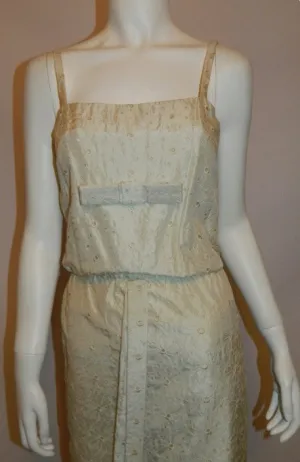 vintage 1960s silk wedding gown 60s ivory eyelet column dress XS