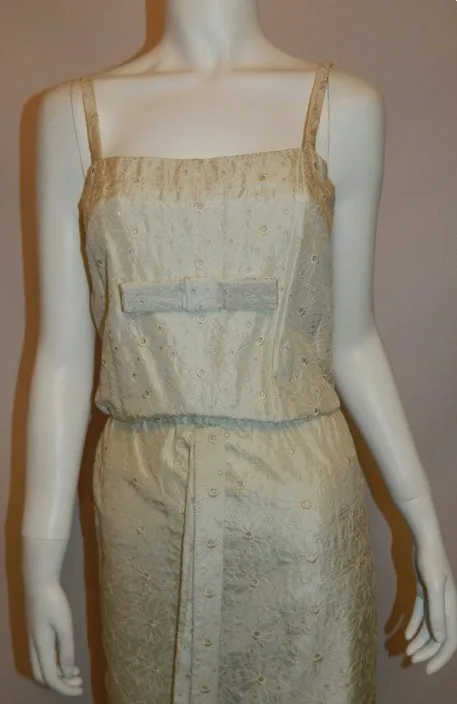 vintage 1960s silk wedding gown 60s ivory eyelet column dress XS