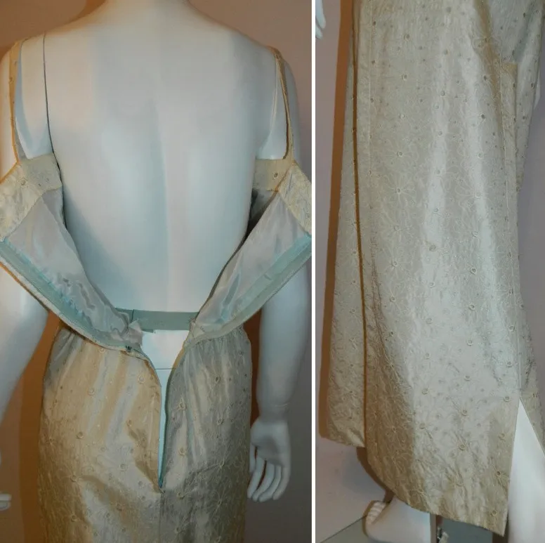 vintage 1960s silk wedding gown 60s ivory eyelet column dress XS