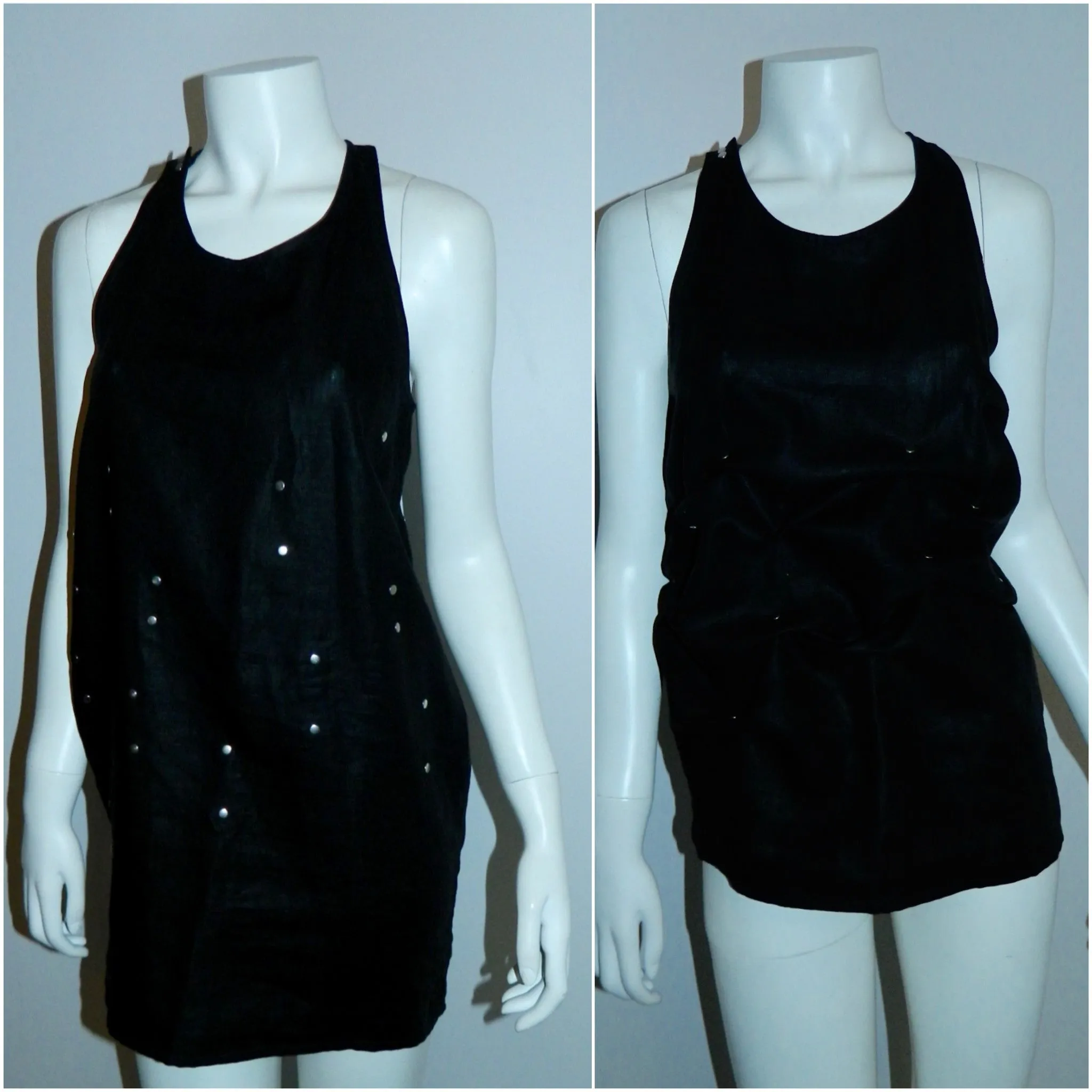 vintage 1990s black mini dress Popy Moreui linen studded racer back tank top French 40 / US XS - S