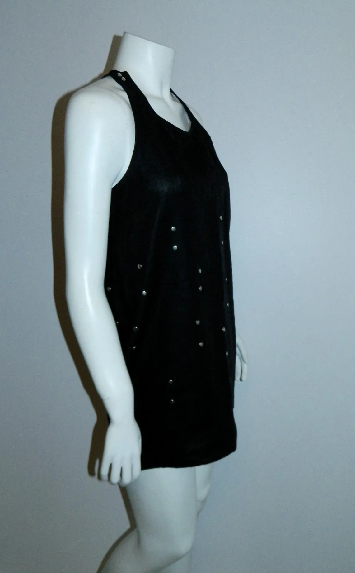 vintage 1990s black mini dress Popy Moreui linen studded racer back tank top French 40 / US XS - S