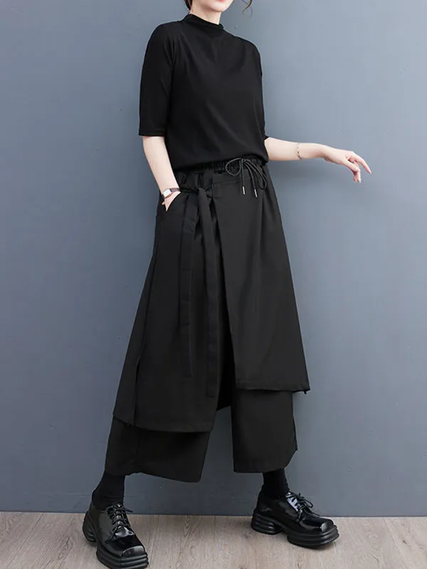 Wide Leg Loose Drawstring Solid Color Casual Pants Bottoms Culotte