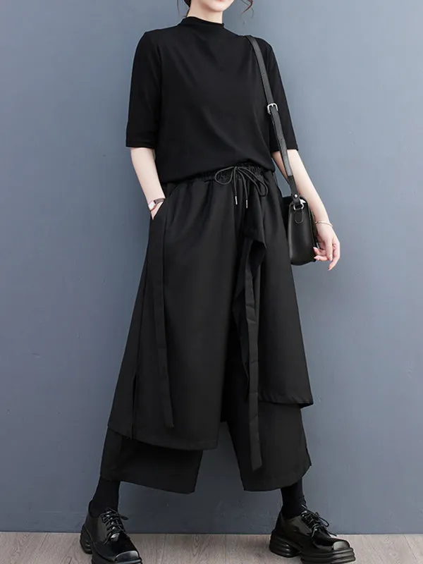 Wide Leg Loose Drawstring Solid Color Casual Pants Bottoms Culotte