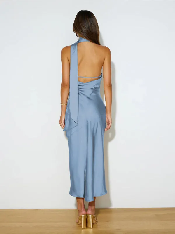 Women's Satin Design Slit Dress Sexy Backless Evening Gown