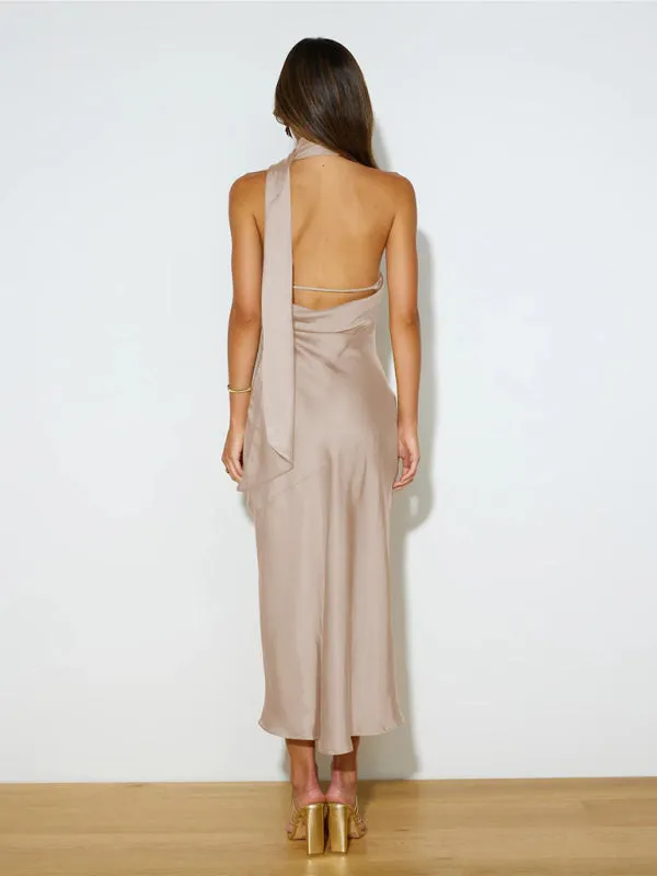 Women's Satin Design Slit Dress Sexy Backless Evening Gown