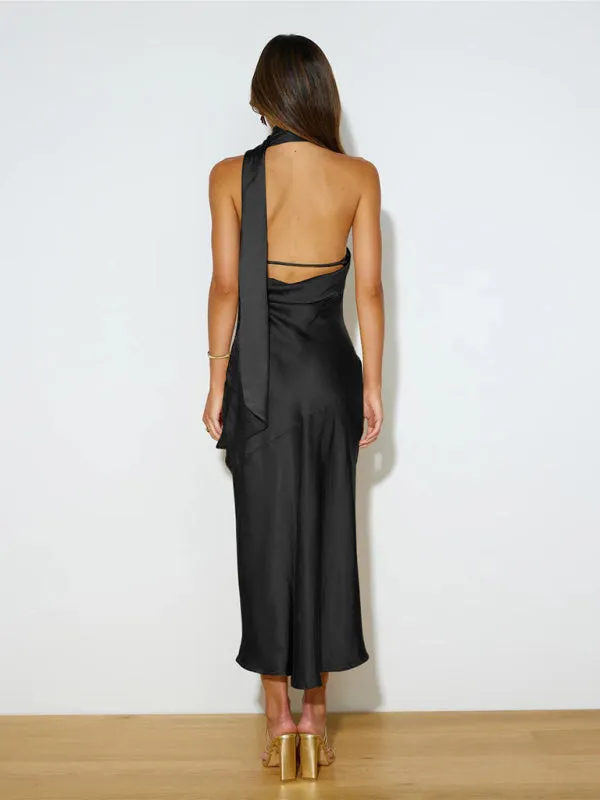 Women's Satin Design Slit Dress Sexy Backless Evening Gown