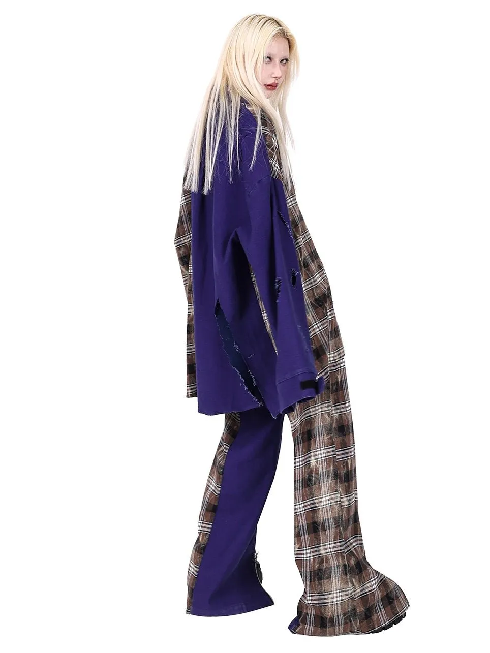 Zipper Stitching Plaid Wide-leg Pants【s0000000374】