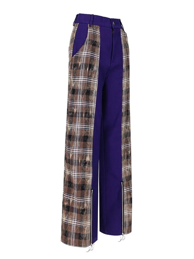 Zipper Stitching Plaid Wide-leg Pants【s0000000374】